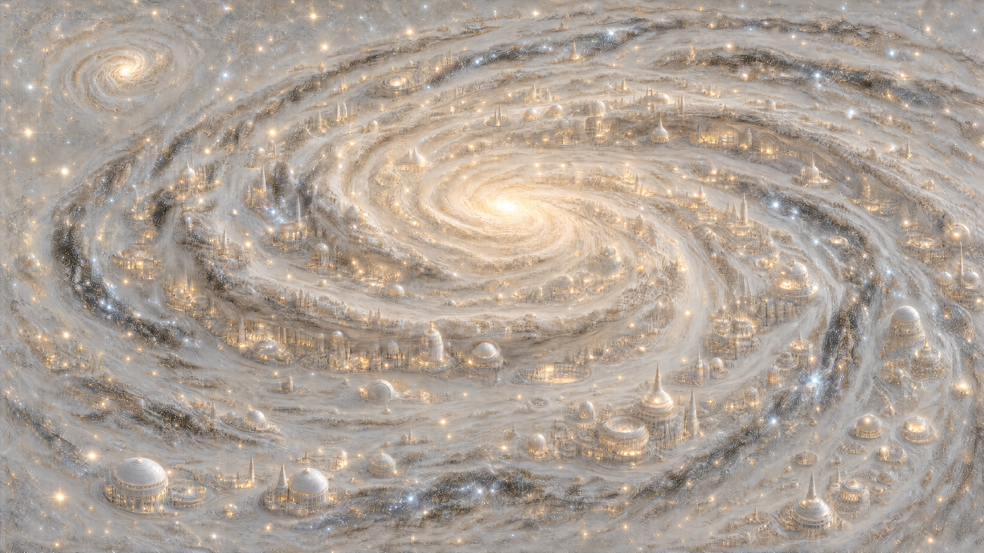 充满穹顶定居点的旋涡星系,象征宽度的文明