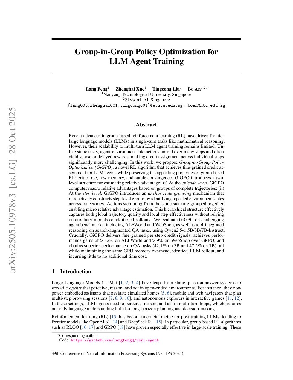 GIGPO 论文首页：Group-in-Group Policy Optimization for LLM Agent Training