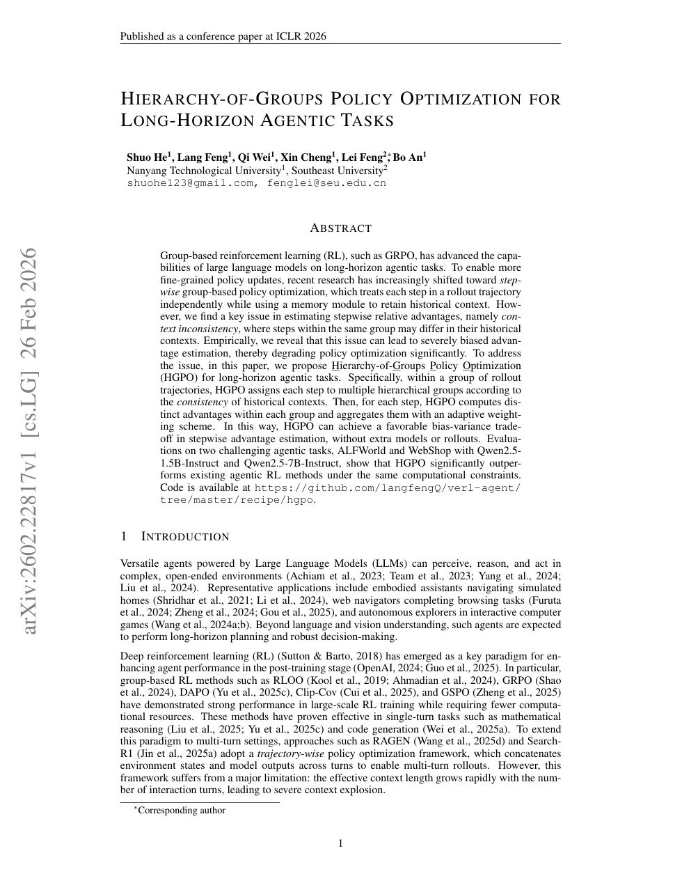 HGPO 论文首页：Hierarchy-of-Groups Policy Optimization for Long-Horizon Agentic Tasks