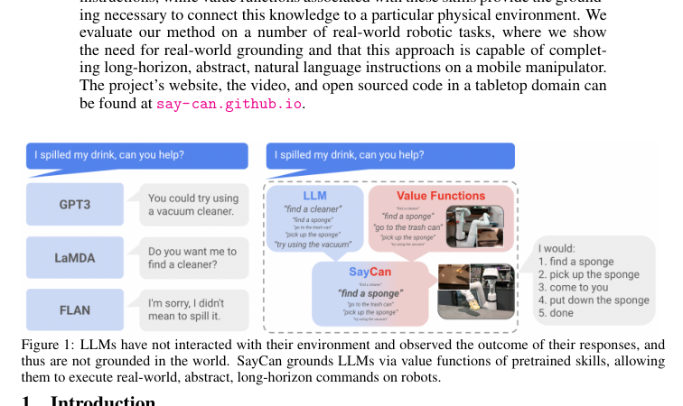 SayCan Figure 1：LLM 知道该做什么但不知道机器人能不能做；SayCan 用预训练技能的价值函数把 LLM grounding 到物理世界
